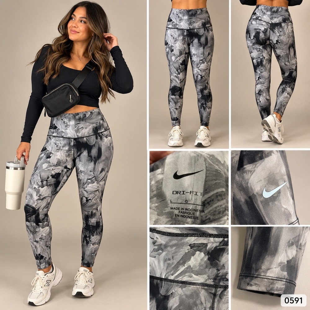 Nike Dri-FIT Womens Floral Abstract Print High Rise Leggings Gray Black 0591